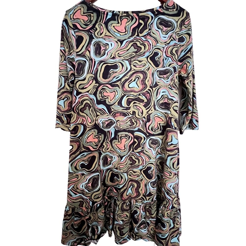 Peruvian Connection Dress Murano Green Brown Aqua Swirl Pima Cotton Ruffle - Picture 2 of 7